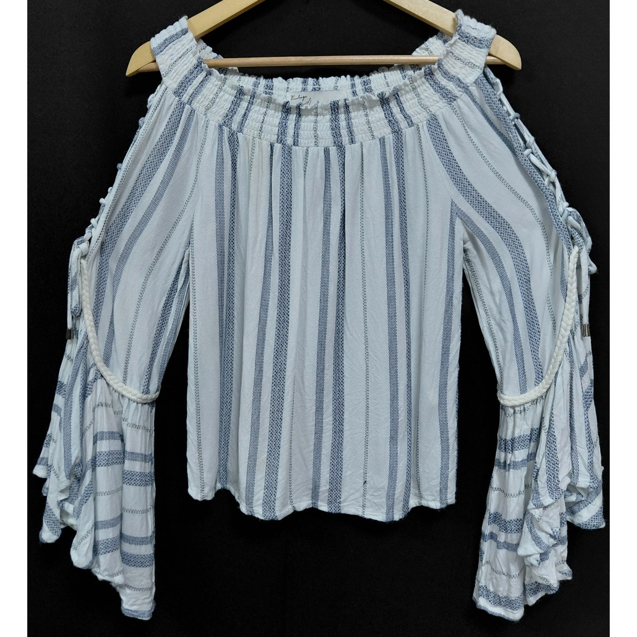Vintage Havana Tx530s Off Shoulder Striped Top Blue Woven Long Sleeve Size M